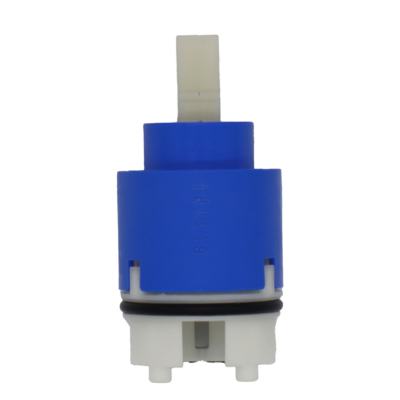 Bright blue plastic cartridge with white square plastic handle connection black rubber o-ring white plastic bottom with black rubber seal.