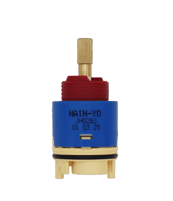 Bright brass stem with red limit stop blue plastic body with tan bottom and black o-ring with blue gasket.