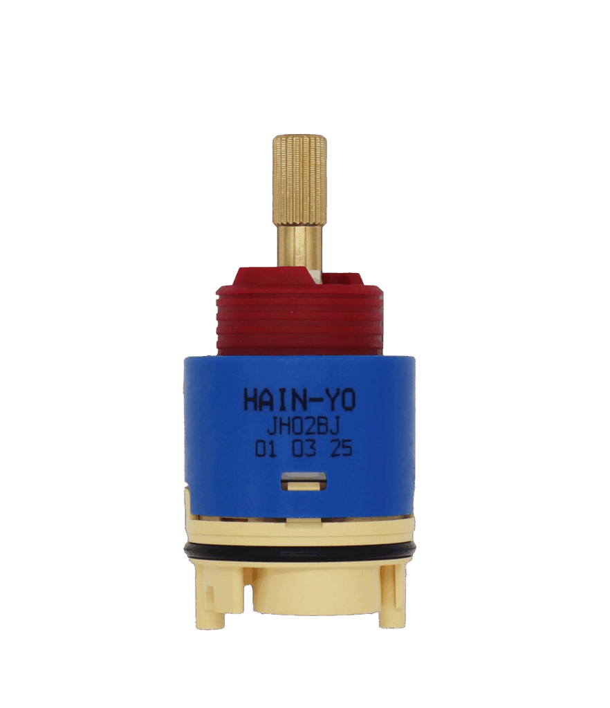 Bright brass stem with red limit stop blue plastic body with tan bottom and black o-ring with blue gasket.