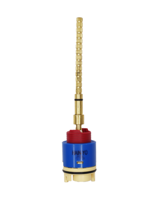 Bright blue cartridge body with red limit stop long brass stem black oring tan bottom blue seal.