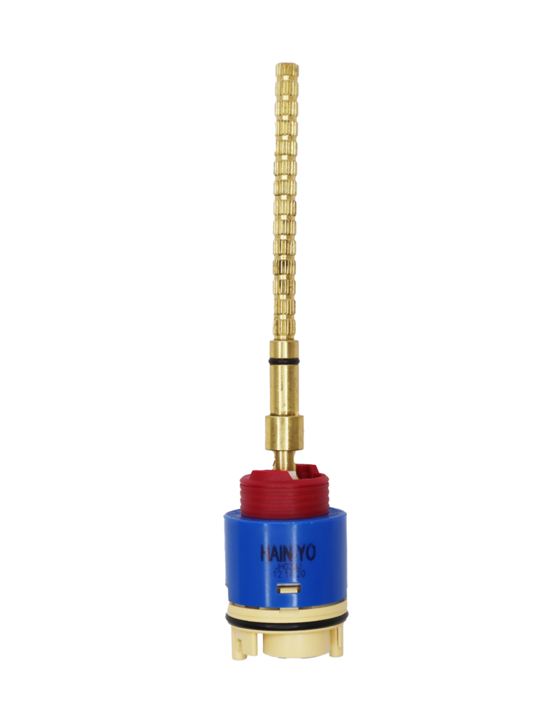 Bright blue cartridge body with red limit stop long brass stem black oring tan bottom blue seal.