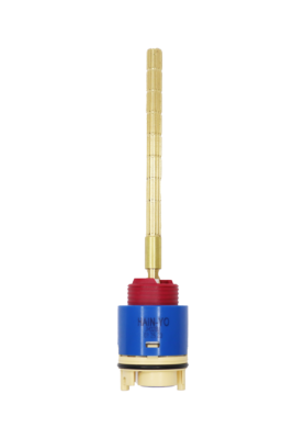Bright blue cartridge body with red limit stop long brass stem black oring tan bottom blue seal.