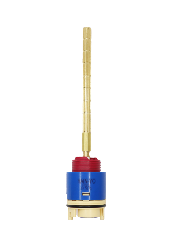Bright blue cartridge body with red limit stop long brass stem black oring tan bottom blue seal.