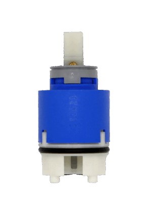 Bright blue and white plastic cartridge with square handle connection grey limit stop black rubber o-ring and black bottom seals.