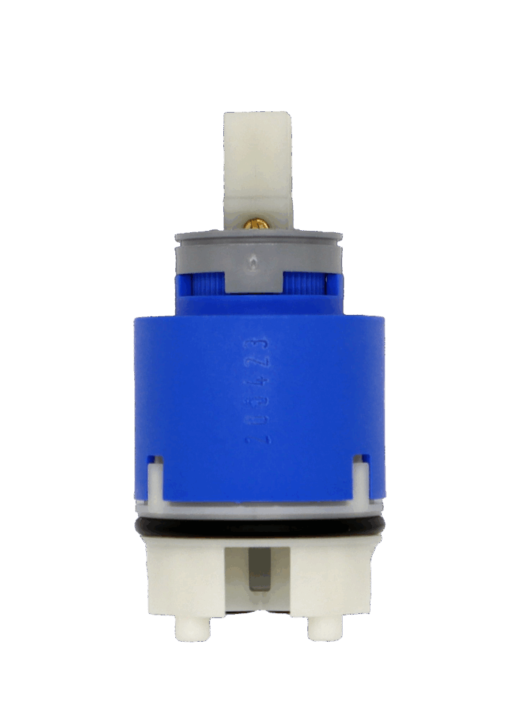 Bright blue and white plastic cartridge with square handle connection grey limit stop black rubber o-ring and black bottom seals.