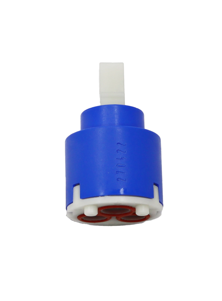 Bright blue plastic cartridge with white square handle connection with white bottom and red rubber seal.