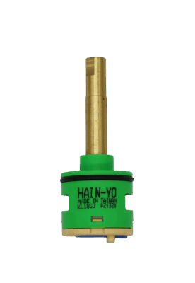 Bright green cartridge with brass stem tan bottom with blue seal and black oring.