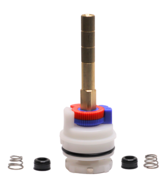 Brass stem with red and blue limit stop white plastic body with black oring and stainless springs.
