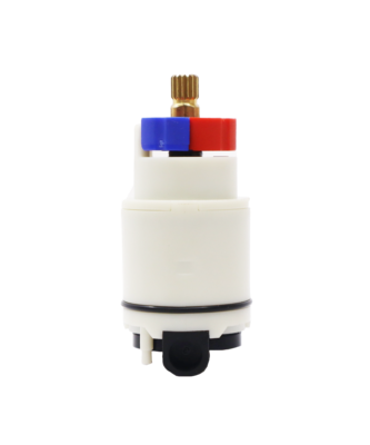 White plastic cartridge with brass stem blue and red limit stop and black rubber seals.