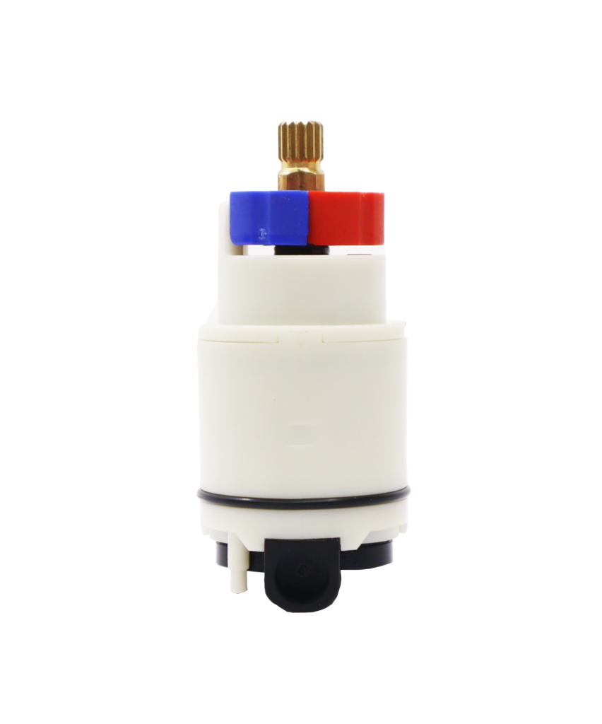 White plastic cartridge with brass stem blue and red limit stop and black rubber seals.