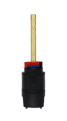 Black plastic cartridge square brass stem red and blue limit stop and black rubber seals.