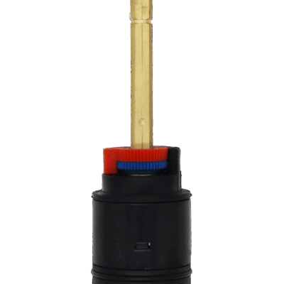 Black plastic cartridge square brass stem red and blue limit stop and black rubber seals.