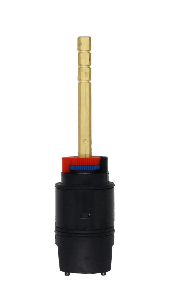 Black plastic cartridge square brass stem red and blue limit stop and black rubber seals.