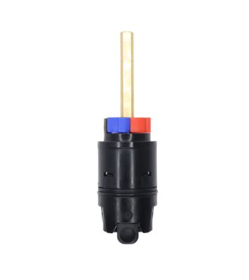 Black plastic cartridge body with square brass stem red and blue limit stops and blakc rubber seals.