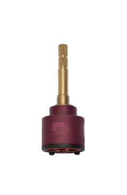 Maroon plastic cartridge with brass stem and red rubber bottom seal.