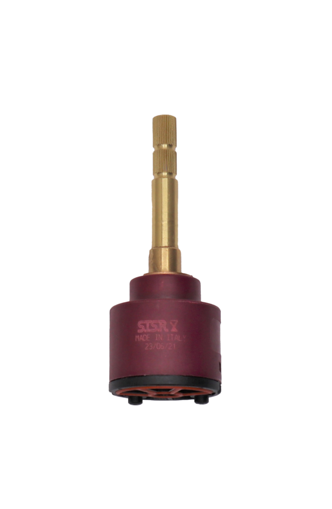 Maroon plastic cartridge with brass stem and red rubber bottom seal.