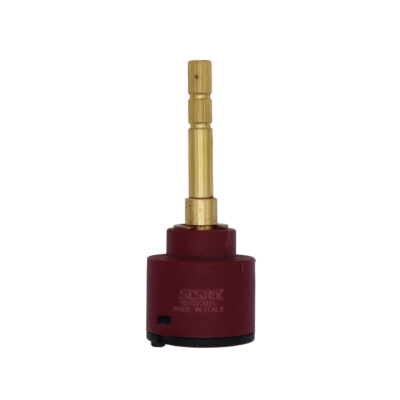 Maroon plastic cartridge with brass stem and red rubber bottom seal.