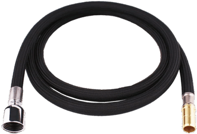 Black braided hose with polished chrome and brass ends.