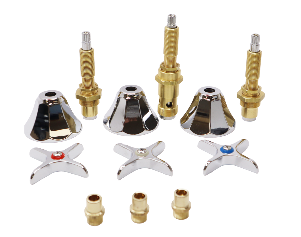 Polished chrome escutcheons & handles with blright brass stems and faucet seats.