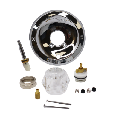 Polished chrome escutcheon push button diverter and nut with white plastic cartridge acrylic handle stainless screws and faucet springs with black rubber seats.