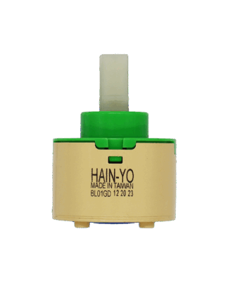 Tan plastic cartridge with green top white square handle connection and blue rubber seal.