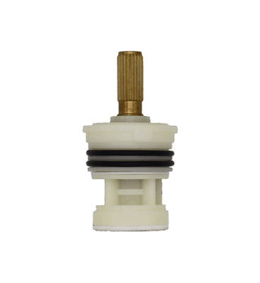 White plastic cartridge with brass top black rubber o-rings and stainless bottom.