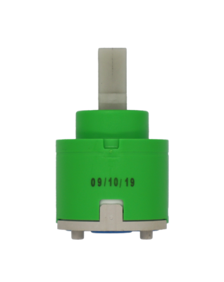 Lime green and white plastic cartridge with square handle connection and blue rubber seals.