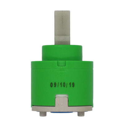 Lime green and white plastic cartridge with square handle connection and blue rubber seals.