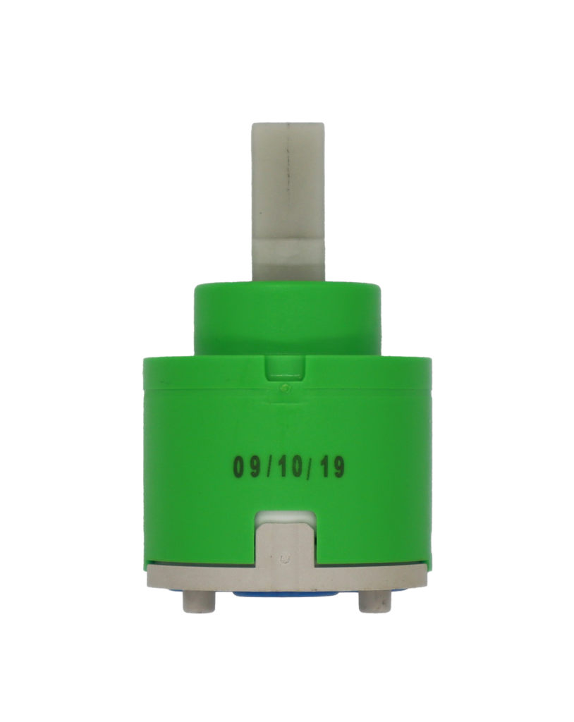 Lime green and white plastic cartridge with square handle connection and blue rubber seals.