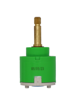 Lime green and grey plastic cartridge with brass stem and blue rubber bottom seal.