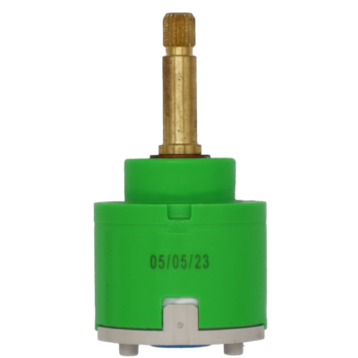 Lime green and grey plastic cartridge with brass stem and blue rubber bottom seal.