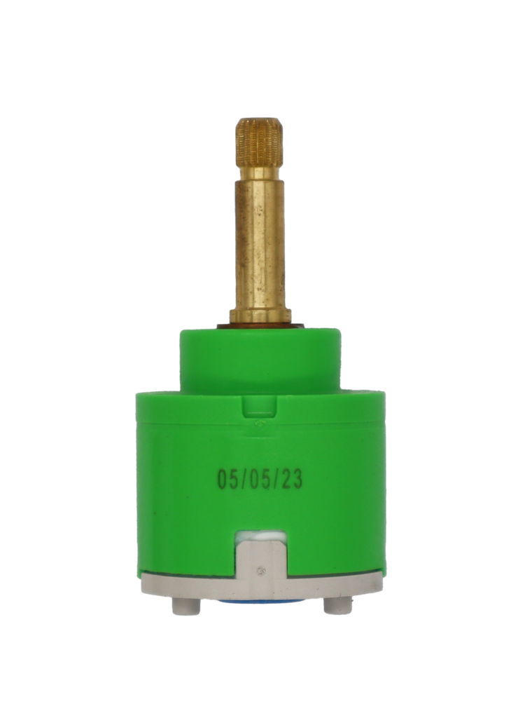 Lime green and grey plastic cartridge with brass stem and blue rubber bottom seal.