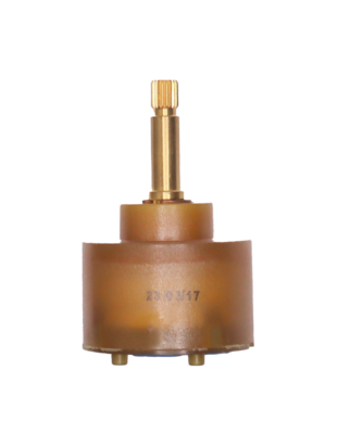 Brown plastic cartridge with bright brass stem and blue rubber seal.