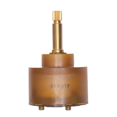 Brown plastic cartridge with bright brass stem and blue rubber seal.