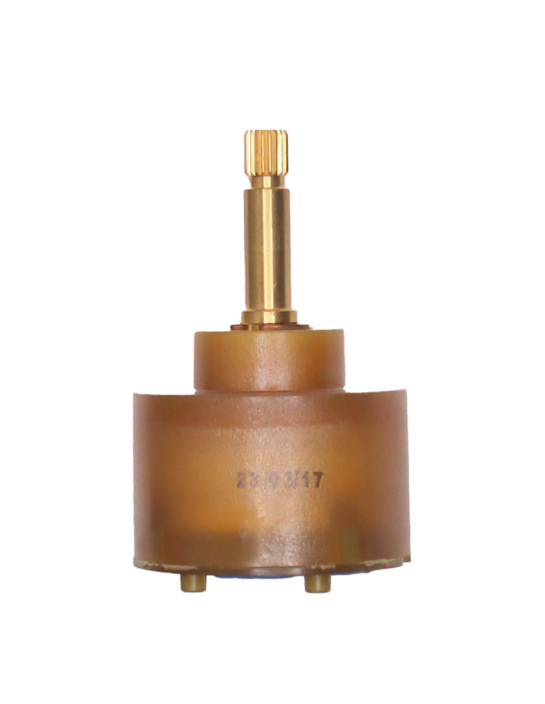 Brown plastic cartridge with bright brass stem and blue rubber seal.