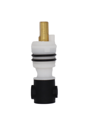 White plastic cartridge with brass stem black rubber o-rings and black rubber boot on the bottom.