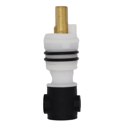 White plastic cartridge with brass stem black rubber o-rings and black rubber boot on the bottom.
