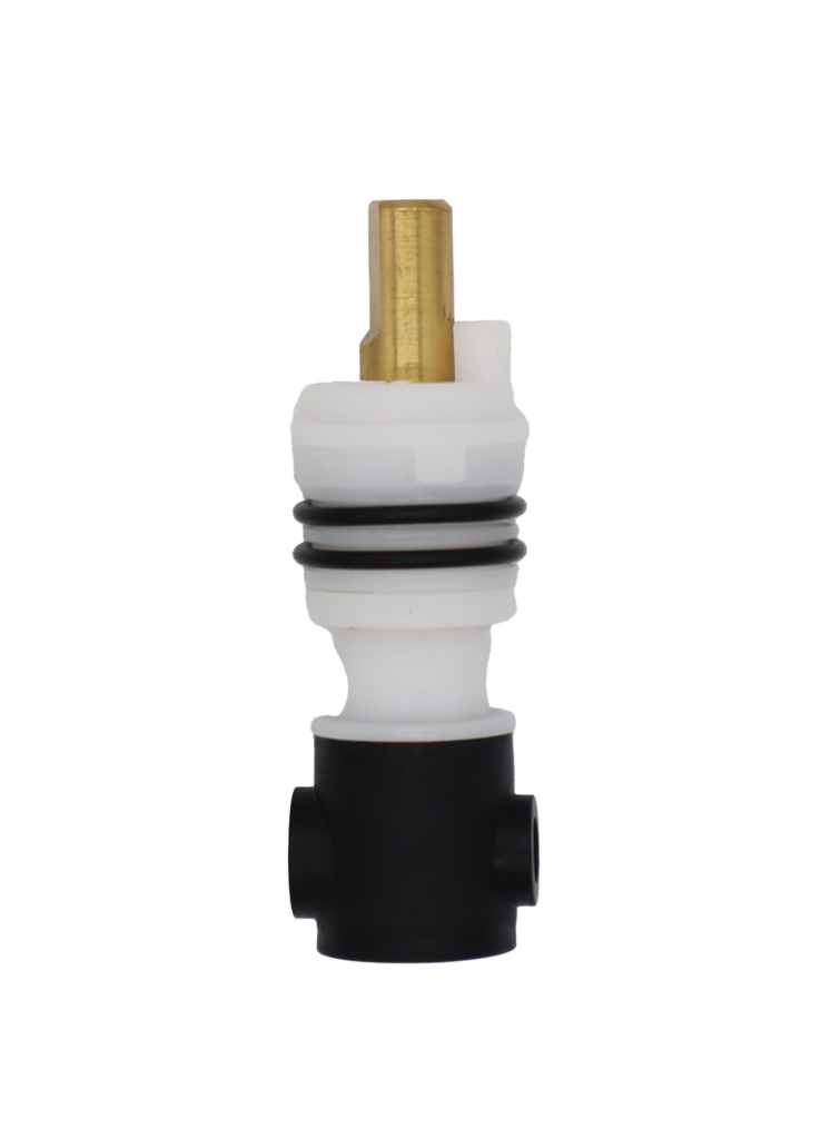 White plastic cartridge with brass stem black rubber o-rings and black rubber boot on the bottom.