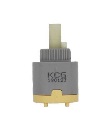 Grey and tan plastic cartridge with white square handle connection and grey rubber seals with kcg stamped on it.