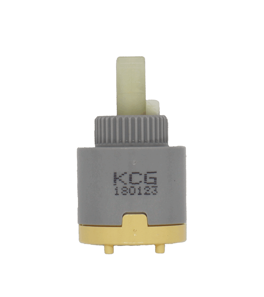 Grey and tan plastic cartridge with white square handle connection and grey rubber seals with kcg stamped on it.