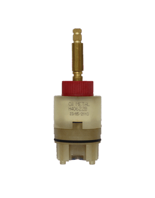 Clear plastic cartridge with red limit stop with black o-ring and blue bottom seals.
