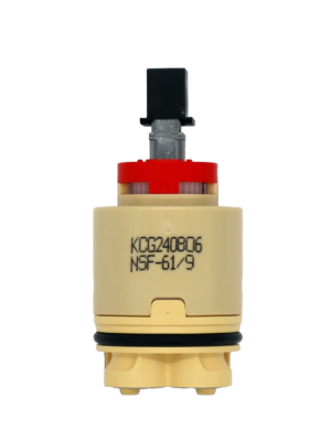 Tan plastic cartridge with square handle connection red limit stop black rubber o-ring and grey rubber seals.