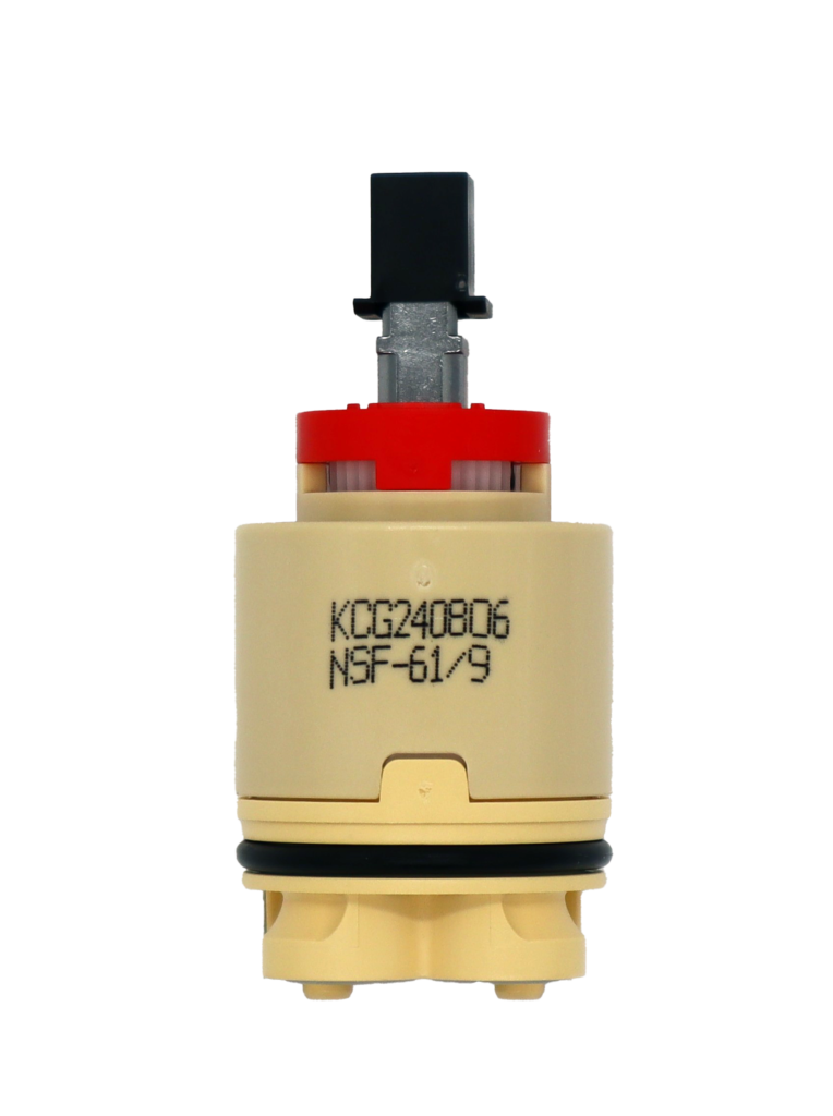 Tan plastic cartridge with square handle connection red limit stop black rubber o-ring and grey rubber seals.