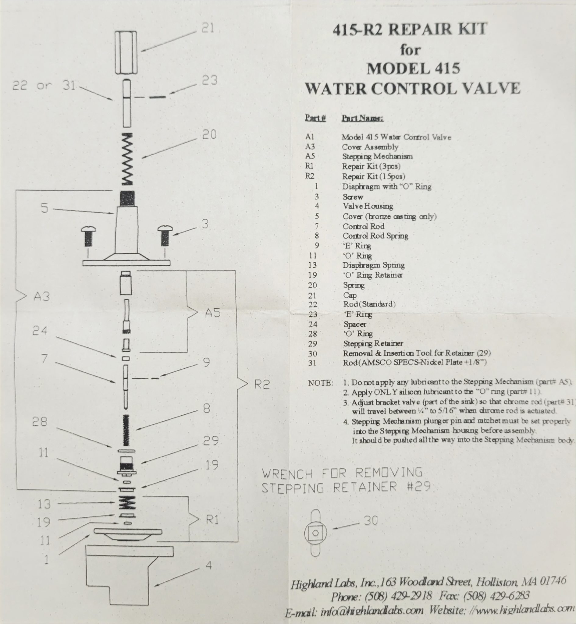 Highland Labs 415R2 Repair Kit for 415 Thigh Operated Water Control Valve Noel's Plumbing Supply