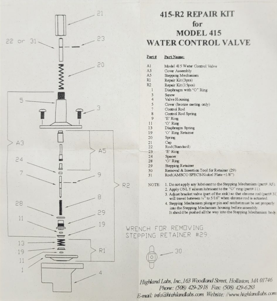 Highland Labs 415-R2 Repair Kit for 415 Thigh Operated Water Control
