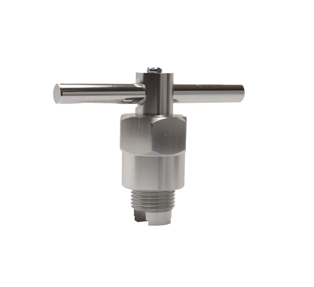 Polished chrome t-handle stem with aluminun nut and threads.