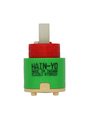 Bright lime green plastic cartridge with red plastic limit stop white square plastic handle connection tan bottom with black seal.