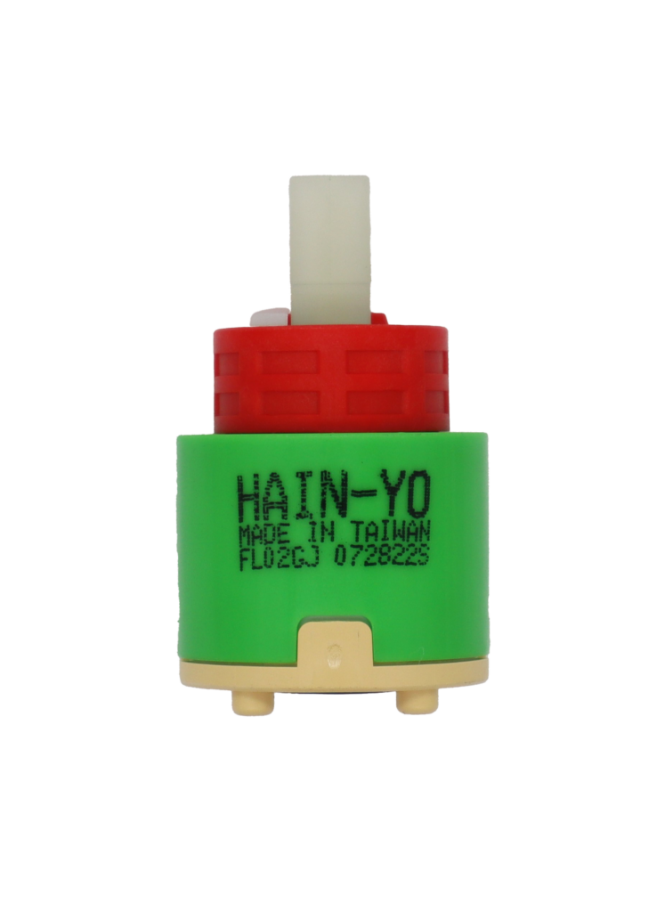 Bright lime green plastic cartridge with red plastic limit stop white square plastic handle connection tan bottom with black seal.