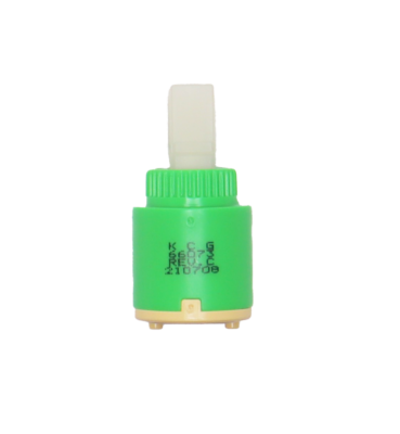 Small light green plastic cartridge with white square plastic handle connection tan bottom and black ruber seal.