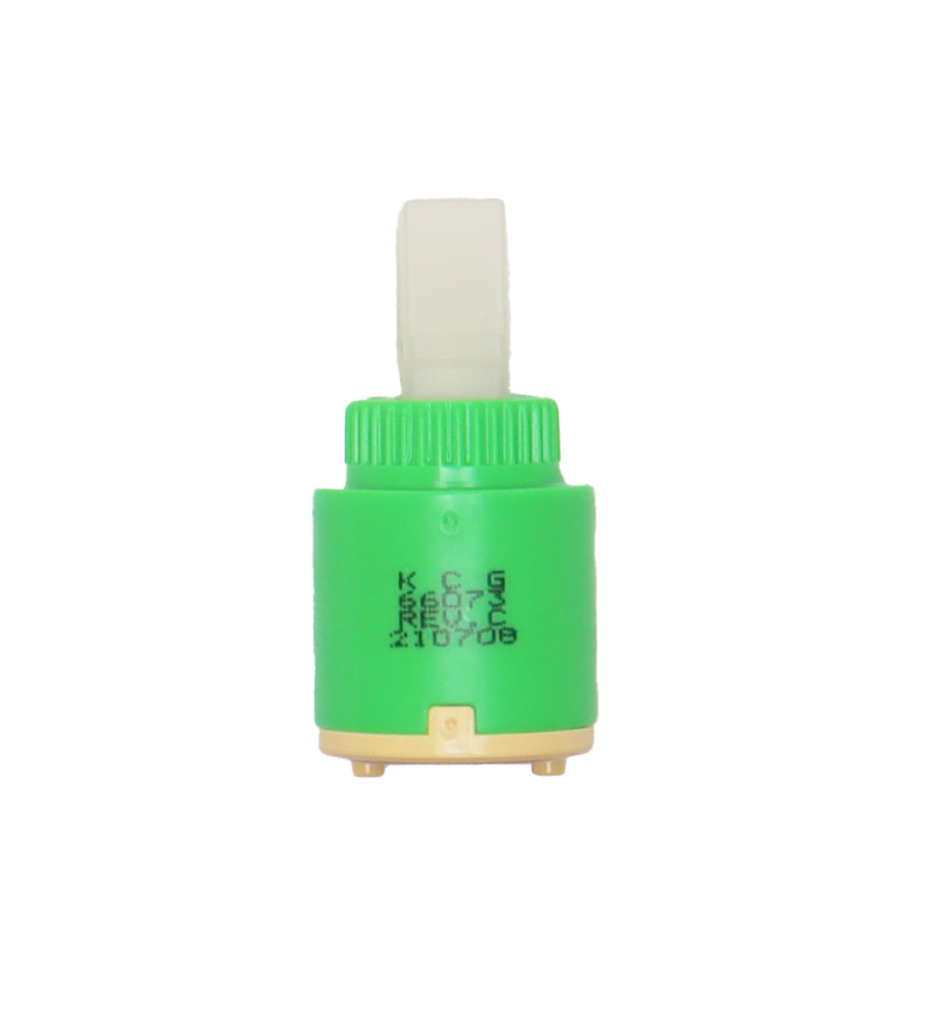 Small light green plastic cartridge with white square plastic handle connection tan bottom and black ruber seal.